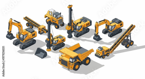Collection of yellow construction and mining heavy machinery vehicles in isometric view on a white background.