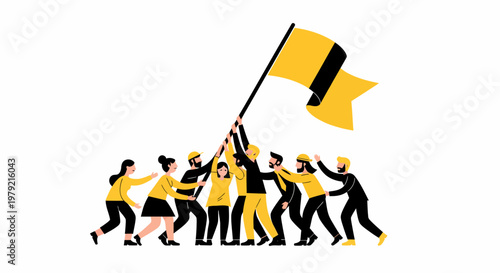 People holding a large flag together.