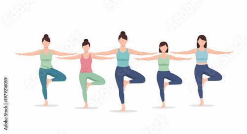 Women in yoga tree pose sequence.