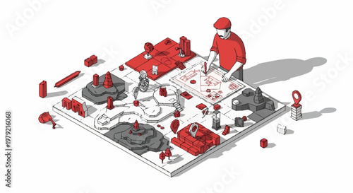 Man playing with a miniature board game with red and grey pieces, creating a landscape.