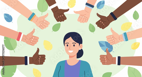 Diverse hands around a woman.