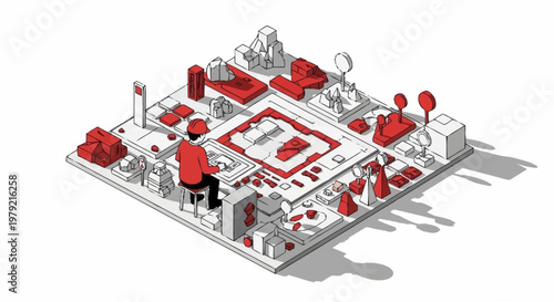 Isometric illustration of a person working on a miniature city model with red and white blocks.