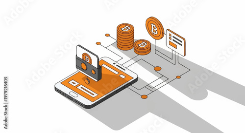 Digital currency concept with smartphone, coins, and network connections, representing cryptocurrency and online transactions.