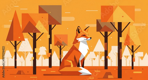 Vibrant orange fox sits calmly amidst geometric trees in autumnal landscape with warm lighting