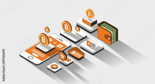 Digital currency and cryptocurrency concept with Bitcoin symbols, smartphone, and wallet in isometric view.