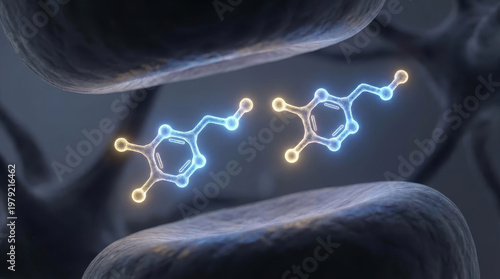 Dopamine reward pathway activation molecule synapse neuron receptor chemistry neurotransmitter molecule glowing between neuron synapse suggesting dopamine reward pathway activation for brain