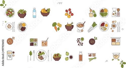 Healthy Food Variety Icons Set with Balanced Meals Snacks Fruits Vegetables Drinks and Nutrition Elements for Diet Planning and Clean Eating Illustration.