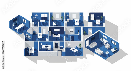 Isometric view of a modern office floor plan with multiple rooms and workstations, depicted in blue and white.
