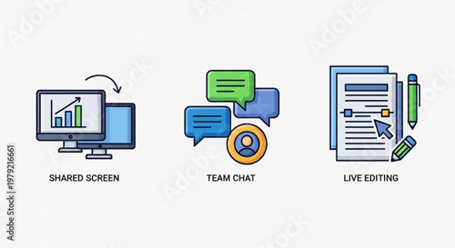 A vector graphic illustration of collaboration tools, including shared screen, team chat, and live editing icons.