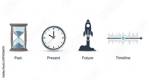 A vector graphic illustration of a timeline with past, present, and future icons