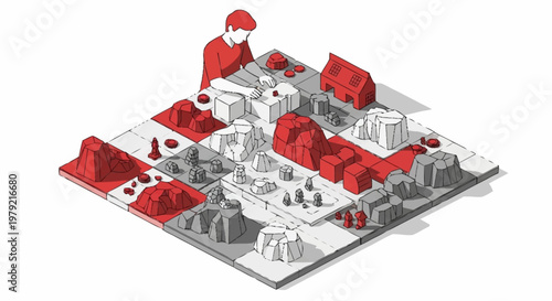 A person playing a strategic board game with miniature landscapes and buildings, representing a complex planning process.