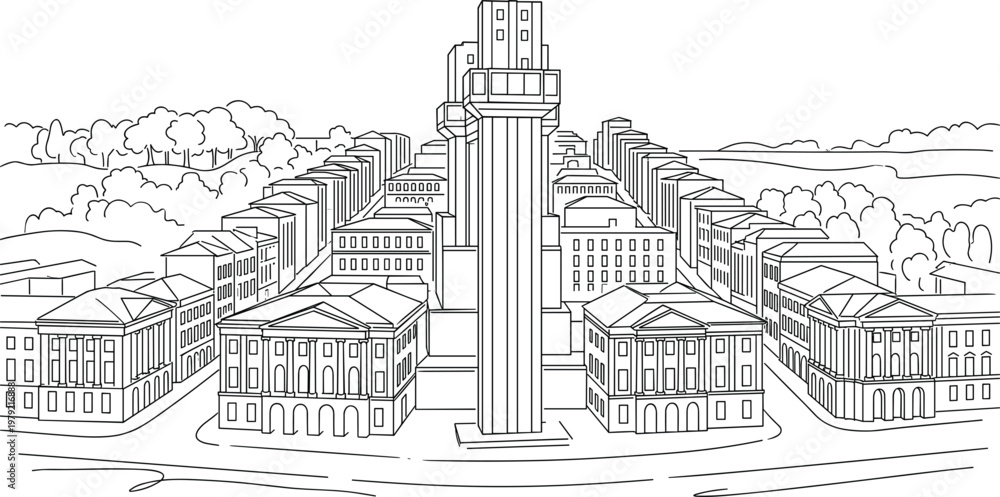 Obraz premium Symmetrical city boulevard with tall central monument tower surrounded by classical buildings detailed architectural line illustration perspective