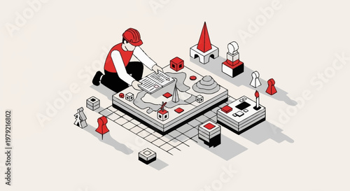 Person playing with a board game, strategy and planning concept, isometric illustration.