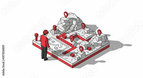 A person in a red hard hat stands before a 3D map with location pins and a winding path.