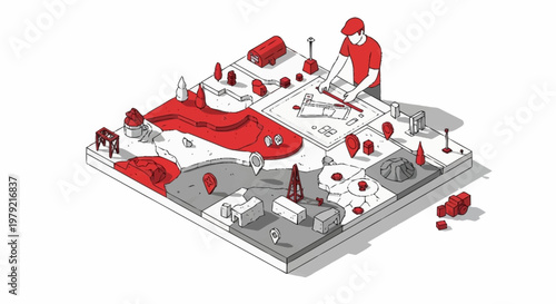 A person in a red cap and shirt is meticulously arranging a miniature landscape model with buildings, trees, and roads.