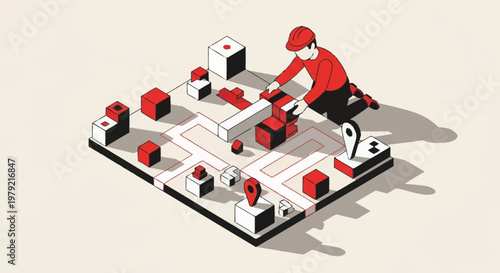 A person playing with building blocks on a map, representing strategy and planning.