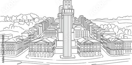Symmetrical city boulevard with tall central monument tower surrounded by classical buildings detailed architectural line illustration perspective