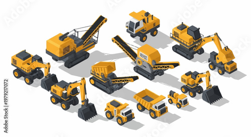 Collection of isometric construction and mining heavy machinery vehicles, including excavators, dump trucks, and loaders, on a white background.