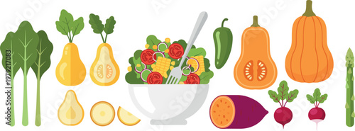 Fresh vegetable collection with carrot onion cucumber broccoli corn cabbage and leafy greens healthy food vector illustration set
