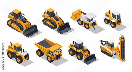 Collection of isometric construction vehicles and heavy machinery in yellow and black colors, isolated on white background.
