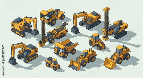 Collection of isometric construction vehicles and heavy machinery, including excavators, dump trucks, and loaders, on a light background.
