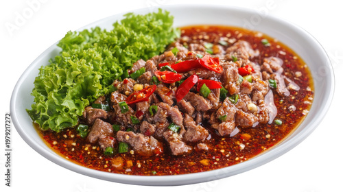 Spicy beef stir fry with chili peppers and lettuce garnish on white plate.