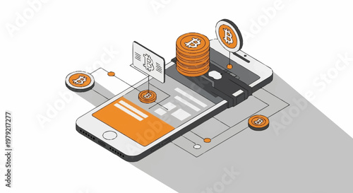 Digital currency concept with smartphone, Bitcoin symbols, and financial interface elements.