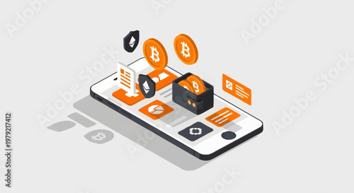 Digital currency concept with smartphone, Bitcoin symbols, and blockchain technology icons.