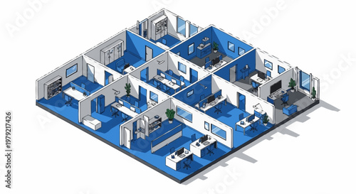 Foto Isometric view of a modern office space divided into multiple work areas and meeting rooms