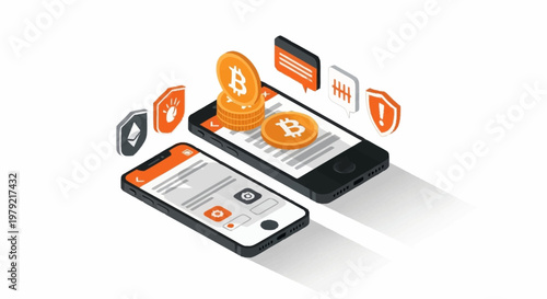Digital currency concept with Bitcoin symbols and mobile phones displaying financial information and security icons.
