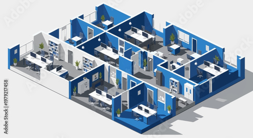 Isometric view of a modern office interior with cubicles, meeting rooms, and reception area, showcasing a clean and organized workspace.