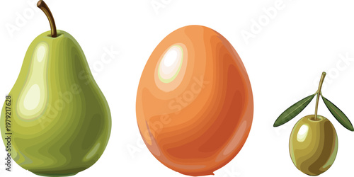 Fruit Collection Featuring Pear, Orange, and Olive for Healthy Food, Organic, and Fresh Produce Illustrations