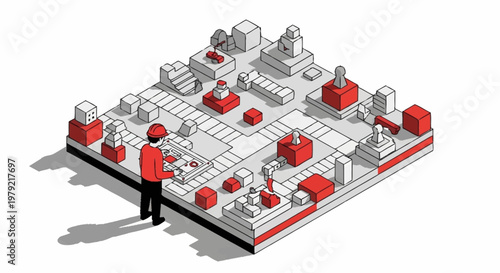 Architectural designer planning a city layout with miniature buildings and structures on a grid.