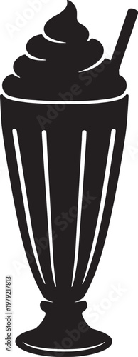 Milkshake glass with whipped cream and straw silhouette vector icon