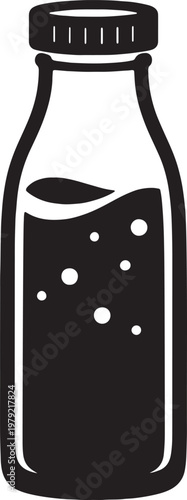 Glass beverage bottle with liquid and bubbles silhouette vector icon