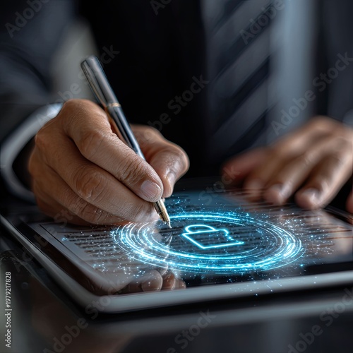 Digital security innovation protecting data through technology office setting visual representation
