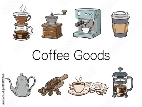 Coffee line art set, hand drawn coffee tools illustration, dripper, espresso machine, kettle, beans, minimal outline, コーヒー器具線画セット・カラー・ベクター