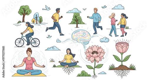 People doing outdoor yoga and exercise.