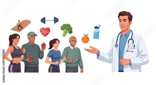 Doctor Explains Healthy Lifestyle Choices to Diverse People.