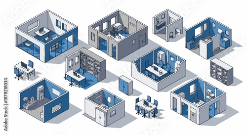 Isometric view of various office spaces and rooms with furniture and equipment.