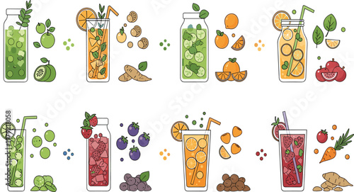 Detox Infused Water Bottles Set with Fresh Fruits Vegetables and Herbs for Healthy Hydration Vitamin Drinks and Natural Cleanse Concept Illustration.