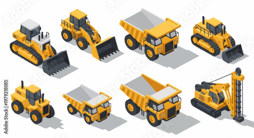 Collection of isometric construction vehicles including excavators, dump trucks, bulldozers, and loaders on a white background.