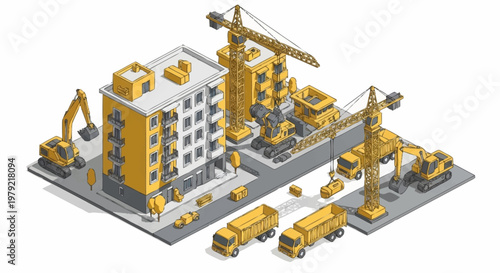 Construction site with cranes, excavators, and trucks building apartment buildings in an isometric view.