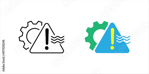 Outline icon set. showing warning triangle with gear and heat wave lines, representing industrial hazards, overheating systems, safety risks, and equipment warning conditions.