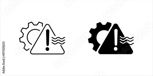 Outline icon set. showing warning triangle with gear and heat wave lines, representing industrial hazards, overheating systems, safety risks, and equipment warning conditions.