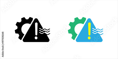Outline icon set. showing warning triangle with gear and heat wave lines, representing industrial hazards, overheating systems, safety risks, and equipment warning conditions.