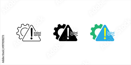 Outline icon set. showing warning triangle with gear and heat wave lines, representing industrial hazards, overheating systems, safety risks, and equipment warning conditions.