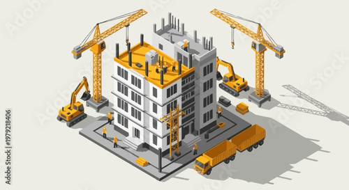 Isometric view of a building under construction with cranes and heavy machinery.