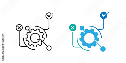 Line icon set. of gear with connected nodes, check and cross symbols representing process optimization, decision making, workflow evaluation, and system improvement.