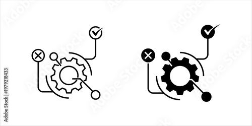Line icon set. of gear with connected nodes, check and cross symbols representing process optimization, decision making, workflow evaluation, and system improvement.